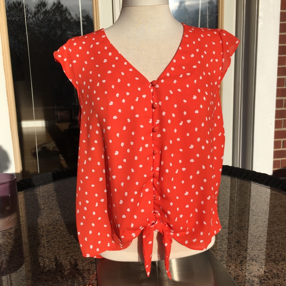 NWT Eclair Sweetheart Ruffled Sleeves Red with White Blouse